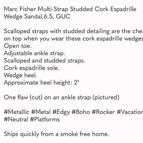 Marc Fisher Multi-Strap Studded Cork Espadrille Wedge Sandal, 6.5,GUC - Picture 9 of 9